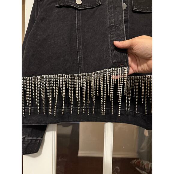 Savanna Jane rhinestone fringe crop front denim jacket black medium western NWT - Picture 4 of 12